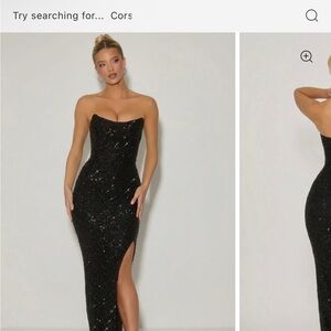 Oh Polly Strapless Black Sequin Gown with Side Slit